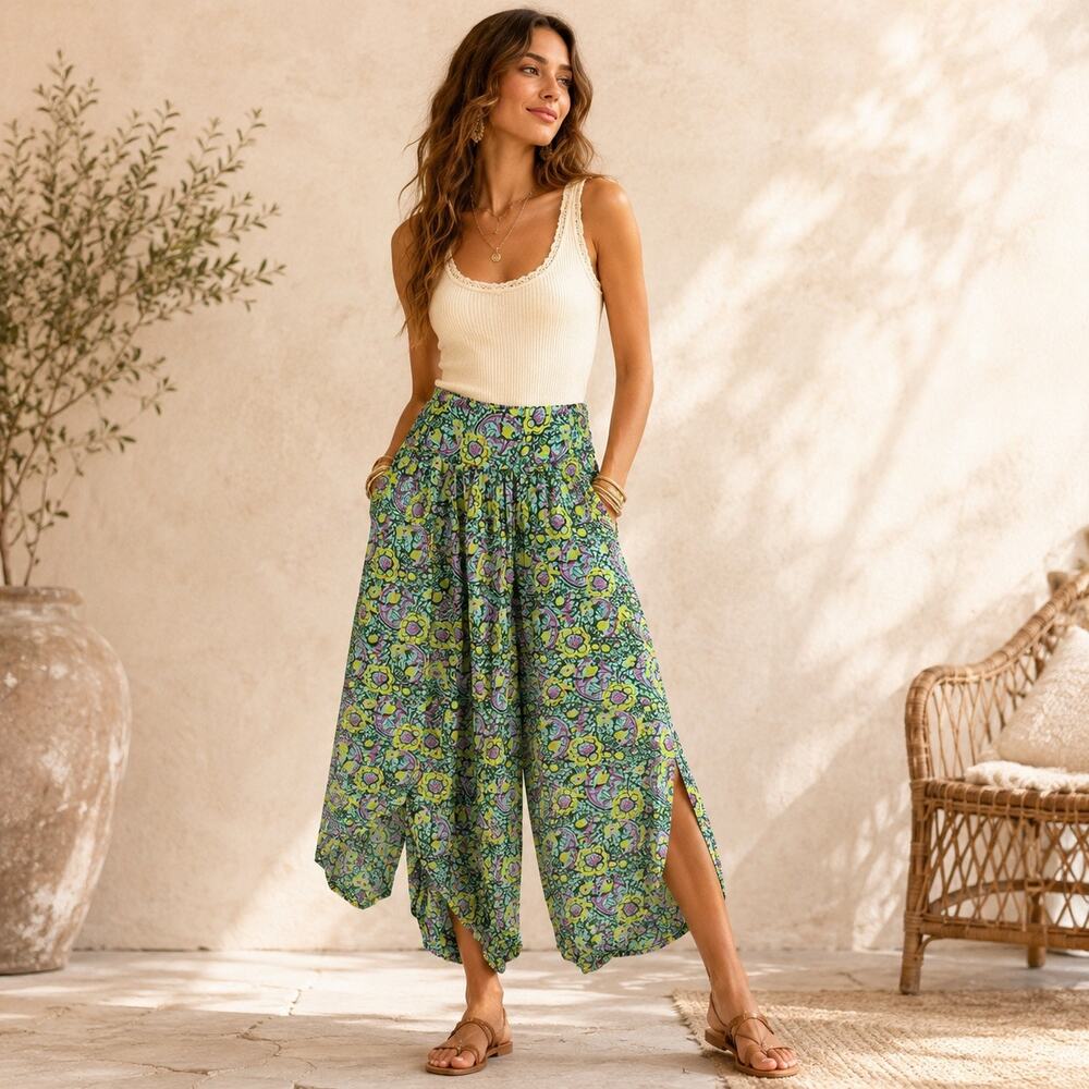 by Anthropologie Sargasso Split Capris Skirt Sz M Floral Boho Gaucho Coastal Art